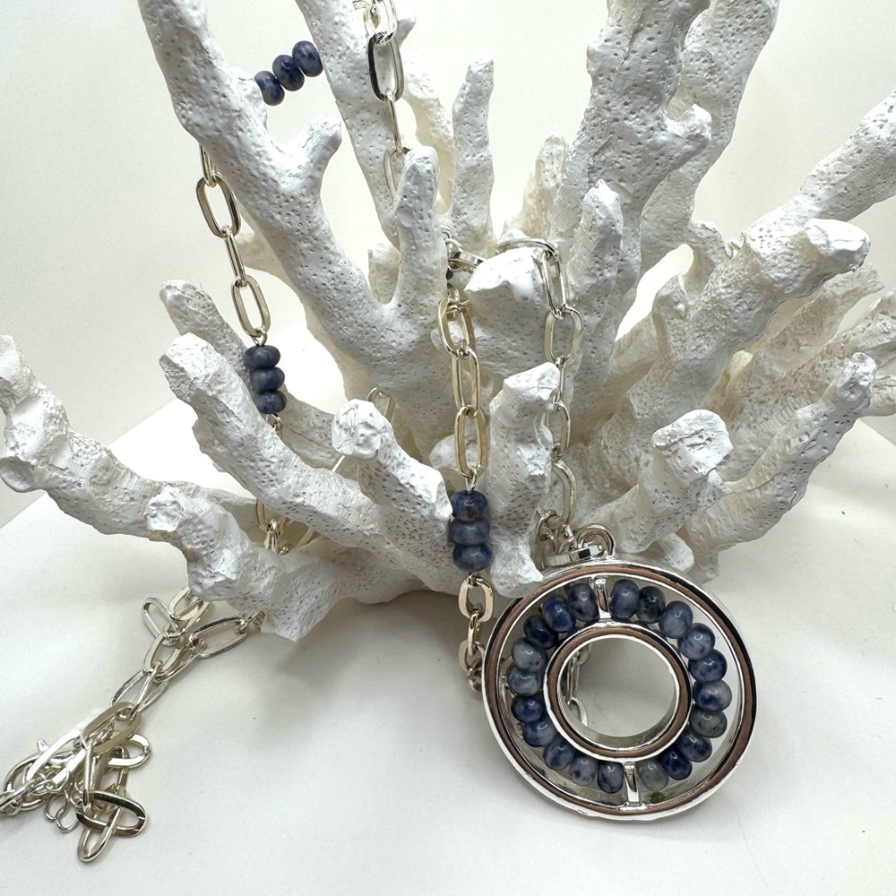 Silver and Blue Beaded Pendant Necklace